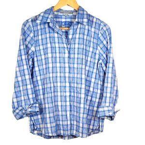 Foxcroft Shirts Crinkle Fitted 3/4 Sleeve Blue White‎ Plaid Cotton Stretch 8